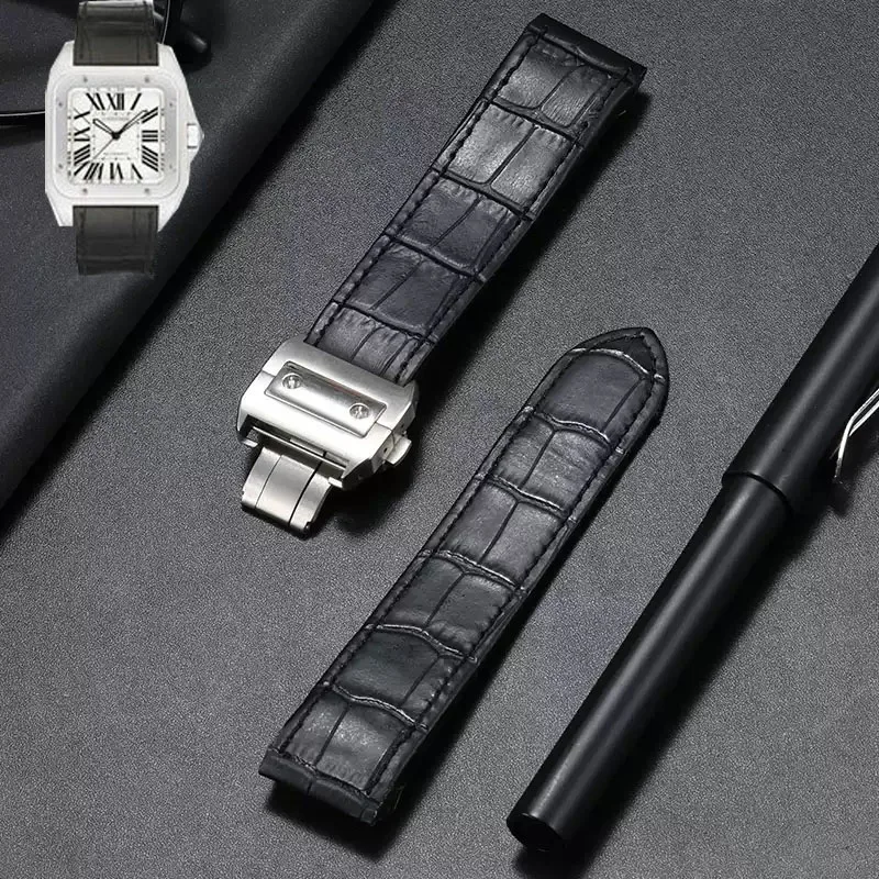 20mm 23mm Waterproof Genuine Leather Watch Strap For Cartier Watchband Santos 100 Series Men's And Women Folding Buckle