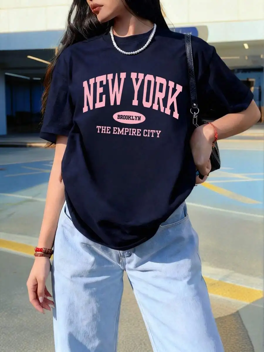 Women's Crew Neck Short Sleeve T Shirt Summer New York Letter Graphic Print Loose Casual Streetwear Versatile Daily Top
