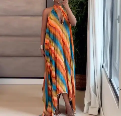 

Summer Round Neck Hanging Neck Hollow Design Gradient Color Printed Dress for Women's Casual Vacation Style Hanging Neck Dress