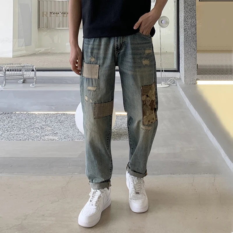 High Street Retro Fashion Brand 2024 New Ripped Jeans Men's Street Fashion Hip Hop Style Personality Patch Loose Trousers