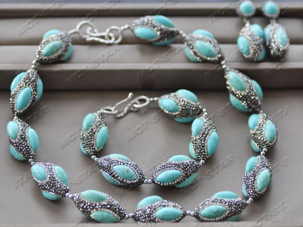 Z11884 30mm Blue Turquoise Shuttle CZ Bead Necklace Bracelet Earring