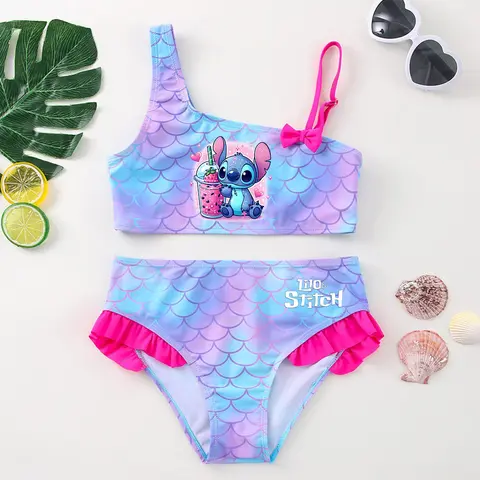Lilo Stitch-Bikini para niñas, traje de baño de dos piezas, ropa para niños, vestidos infantiles de pez sirena, traje de baño de verano, traje de playa