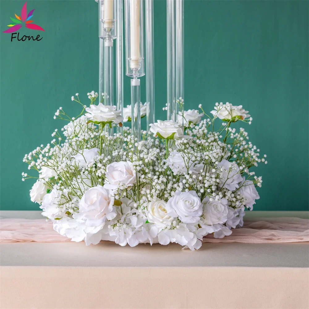 2ft Artificial White Rose Green Baby Breath Silk Candle Holder Flowers Wedding Decoration Table Centerpiece Floral Arrangement