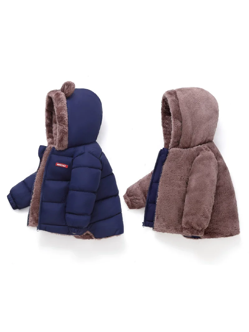 Kids Fleece Line Coats Winter Children Thick Plus Velvet Warm Cotton Jackets Autumn Boys Girls Cashmere Padded Hooded Snowsuit