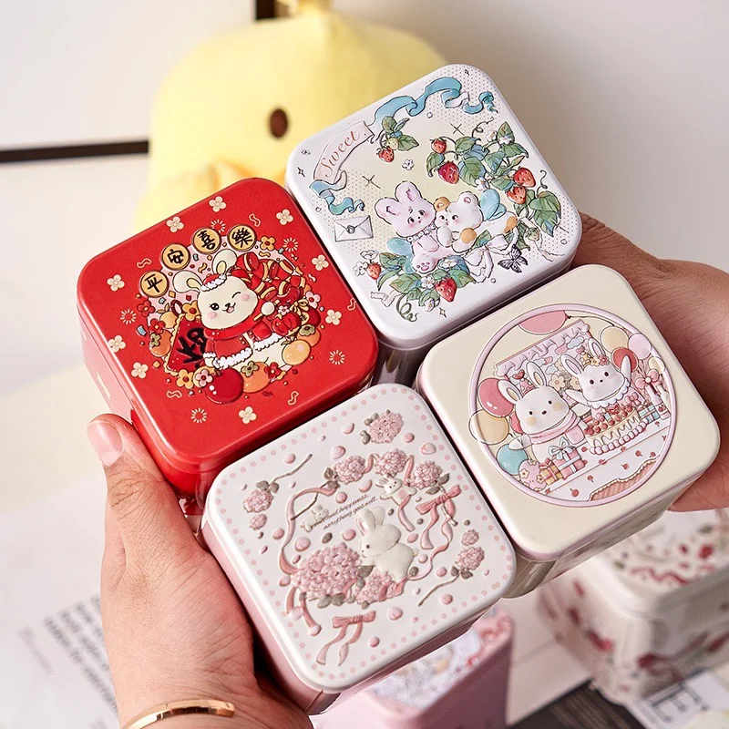 1PCS Exquisite 3D Rabbit Candy Tin Box Small Square Tea Coffee Storage Organizer Children Gifts for Home Wedding Decorations