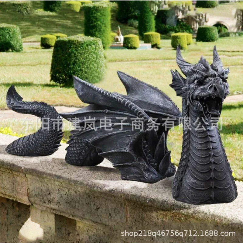 Resin Crafts Black Cartoon Animal Ornaments Three-section Feilong Statue Garden Decoration Crafts Ornaments