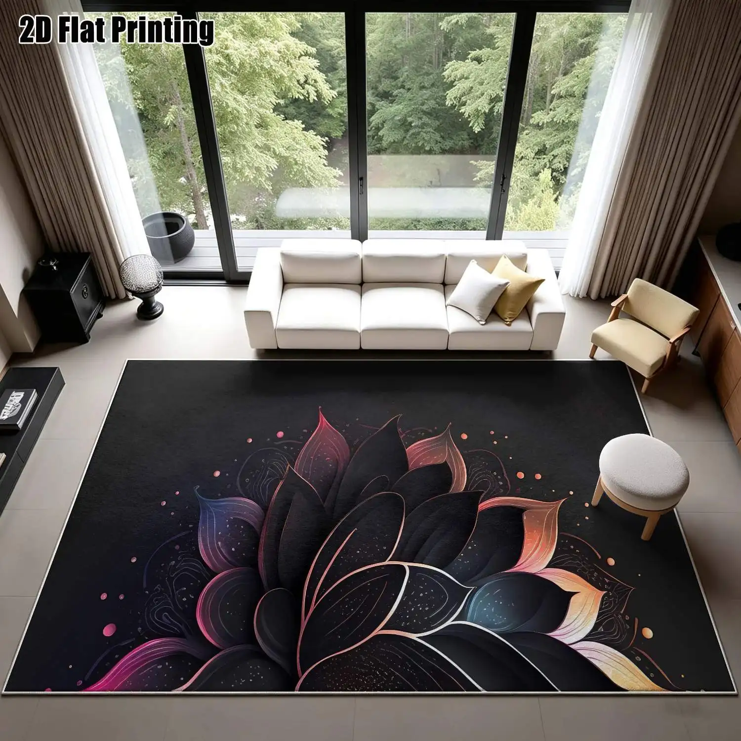 1Pc 2D Printed Velvet Carpet, Black Gradient Floral Pattern, Nordic/Instagram/Modern Minimalist/European/Bohemian Style, Multi-Size, Machine Washable, for Home Decor & Multi-Scene Use