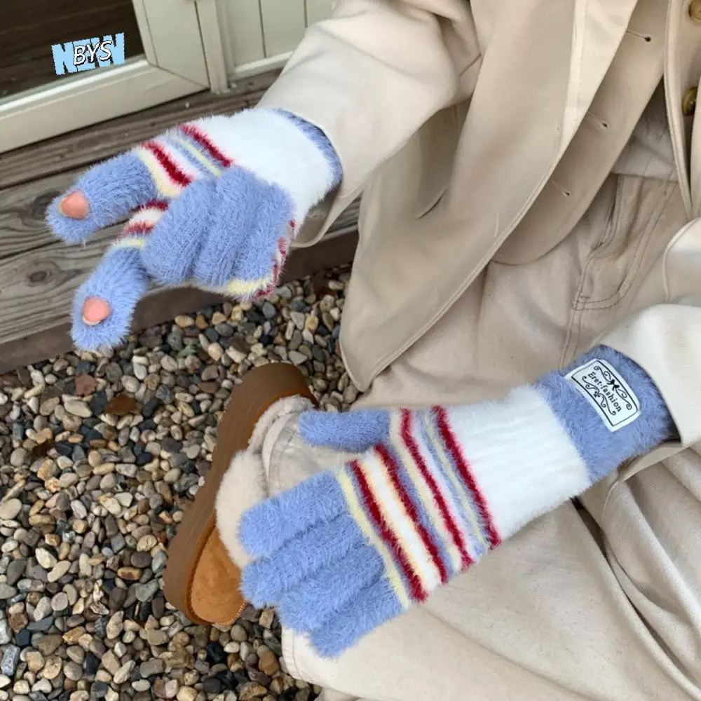 

Fashion Korean Style Colorful Striped Gloves Harajuku Soft Full Fingers Mittens Rainbow Color Warm Striped Knitted Gloves Girls