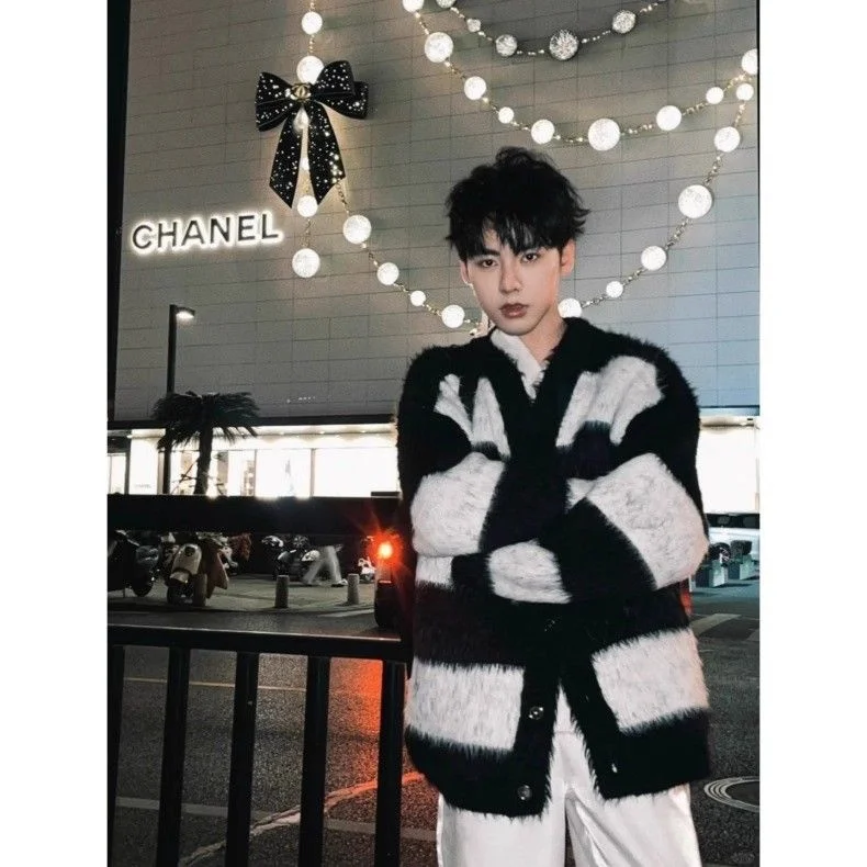 

American Sle V-Ne Open Cardigan Sweater Men's Lazy Faion Loose Striped Mink Knitted Couple's Outerwear Casual Wear