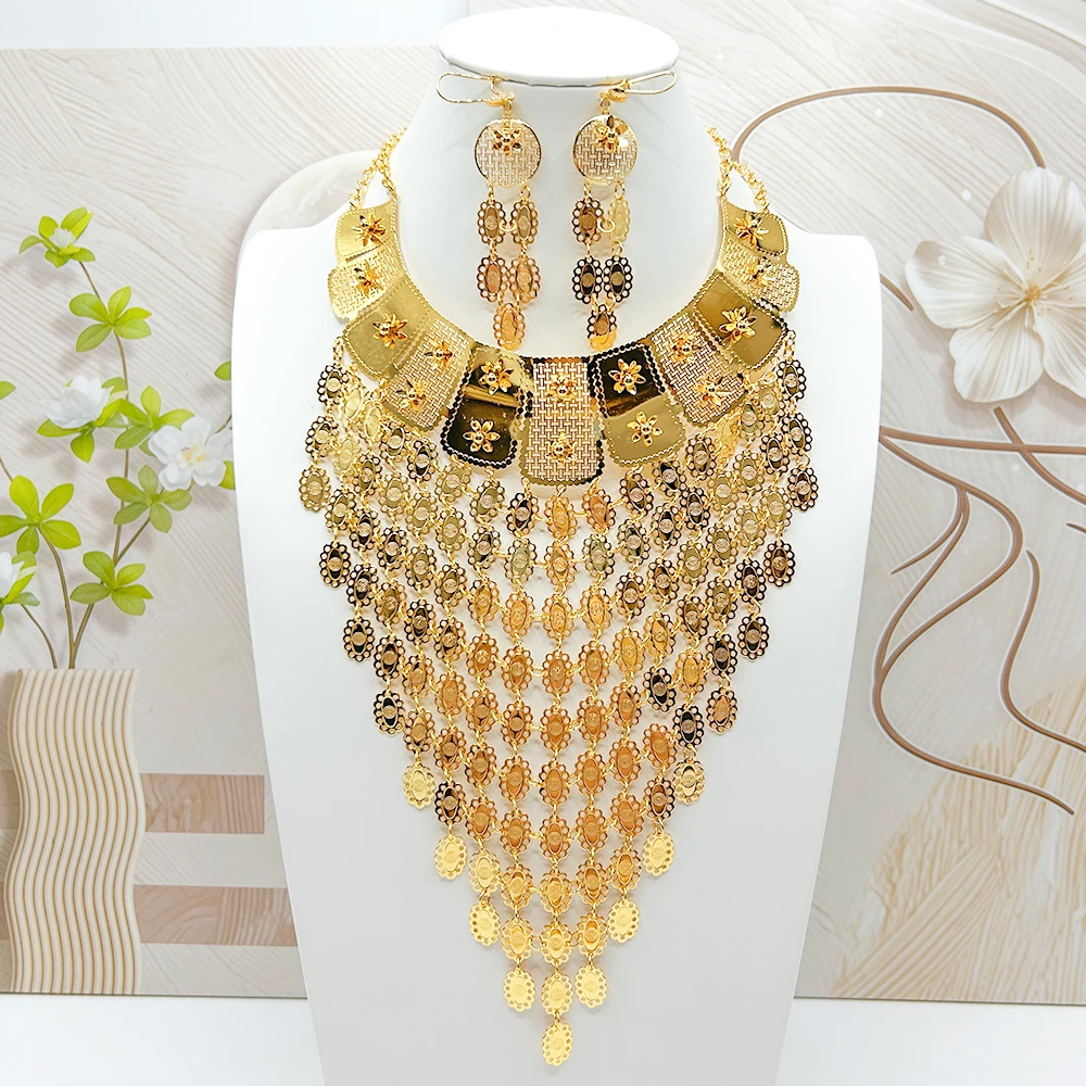 

Дубайский роскошный комплект украшений: колье и серьги (2 предмета), африканские серьги золотого цвета, классический ювелирный набор, модные женские украшения, подарок для вечеринки или на каждый день.