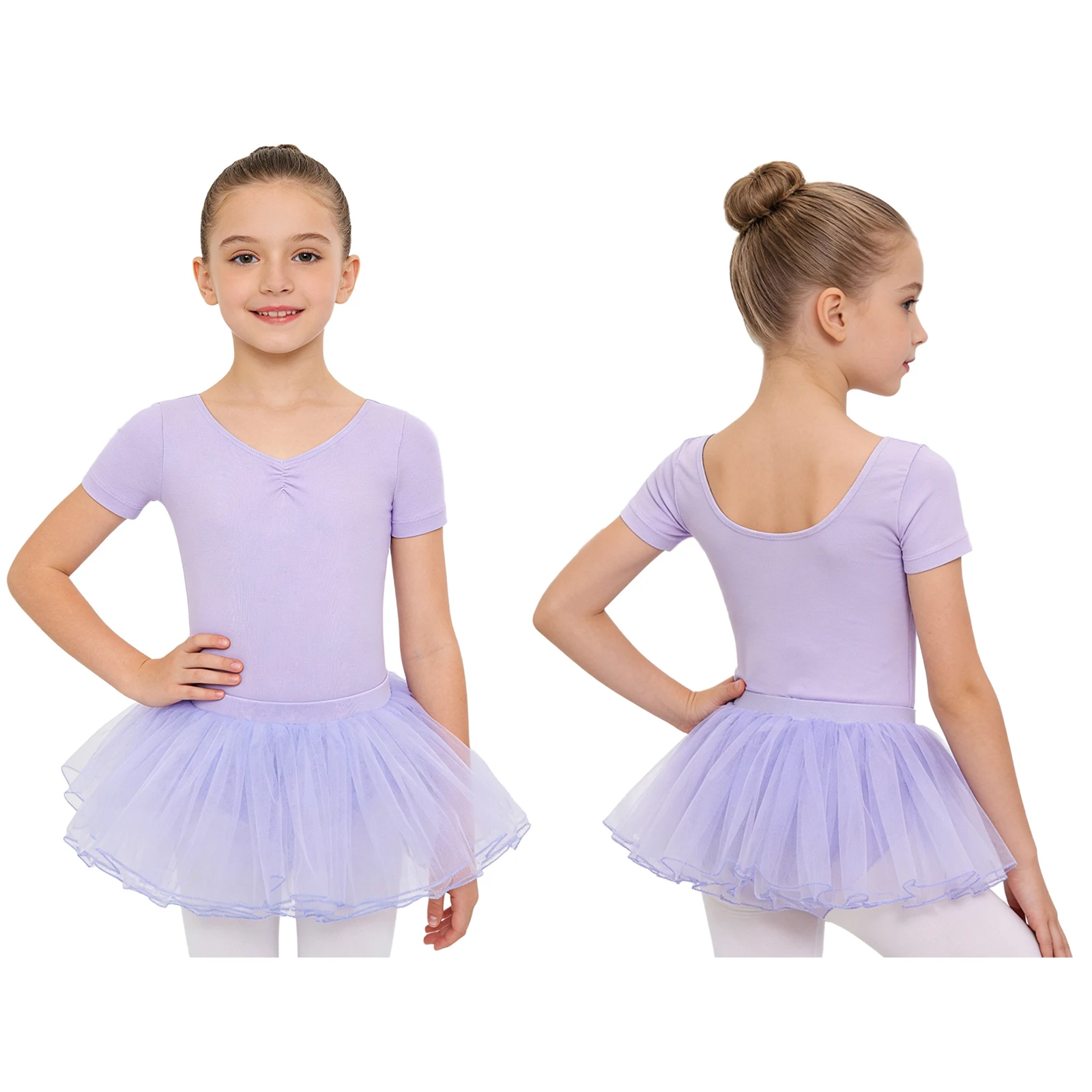 

Girls Ballet Costume Set Ruched V Neck Short Sleeve Leotard with Elastic Waist Tulle Tutu Skirt for Gymnastics Dance Practice