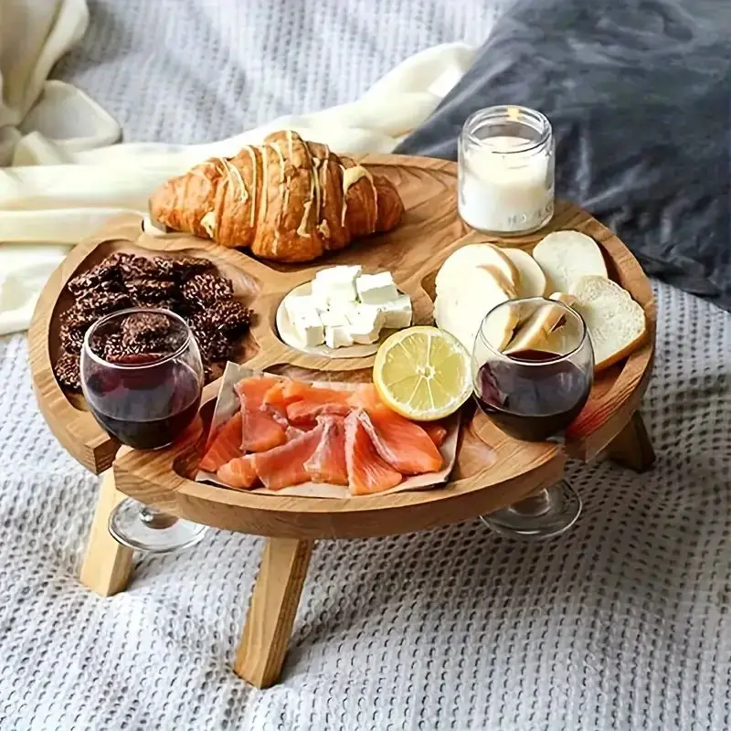 Mesa de Picnic plegable de madera con soporte para copa de vino, soporte creativo portátil para copa de vino y divisor de queso y fruta al aire libre, 1 unidad