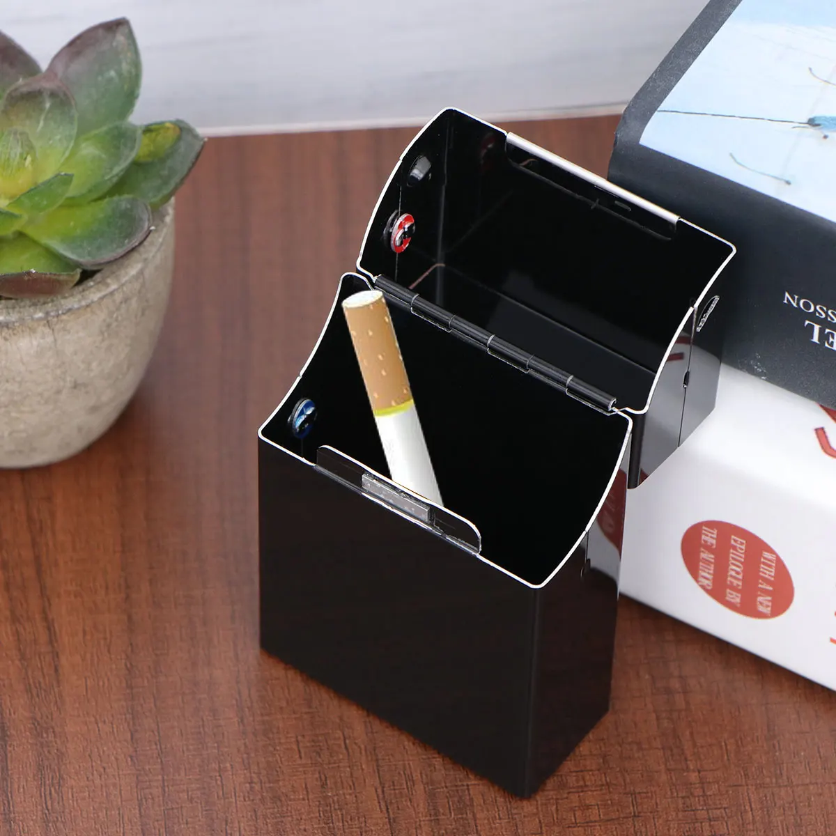 

Automatic Flip Cigarette Box Black Lightweight Aluminum Case Excellent Workmanship Large Capacity Damp Resistant Easy