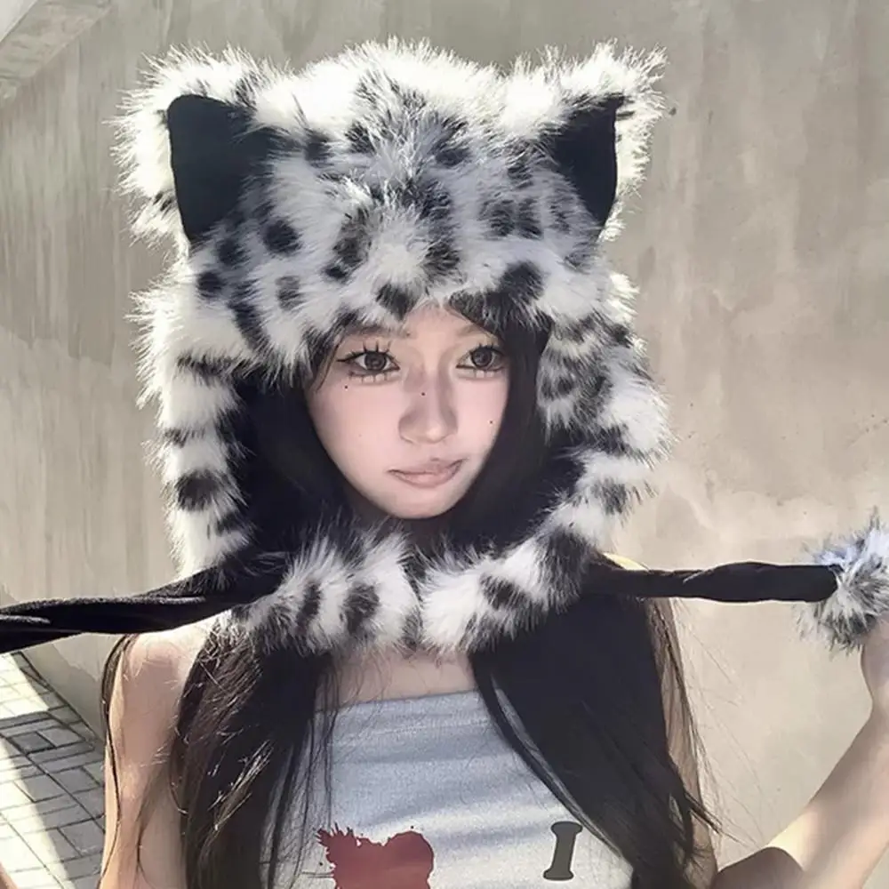 عيد الميلاد الرنة قرن الوعل قبعة شتاء دافئ واقي أذن البلوز قبعة Y2K Harajuku القوطية لوليتا قبعة فو الفراء الذئب ليوبارد قبعة