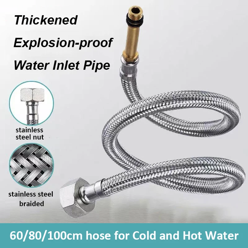 60cm/80cm/100cm Faucet Hose Cold and Hot Water Inlet Pipe Stainless Steel Braided Explosion-proof Tube Bathroom Tap Pointed Hose