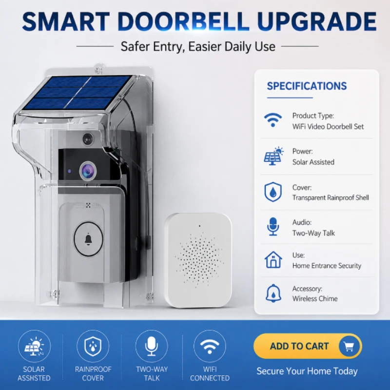 Outdoor Solar WiFi Video Doorbell Set Waterproof Transparent Protective Cover Wireless Chime Two‑Way Conversation Door Monitor
