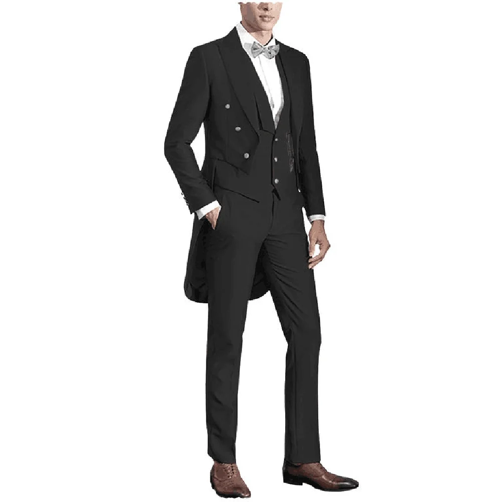 Slim Solid Color Tailcoat Men Suit Double-breasted Peak Lapel 3 Pieces(Jacket+Pants+Vest) Male Formal Wedding Party Set