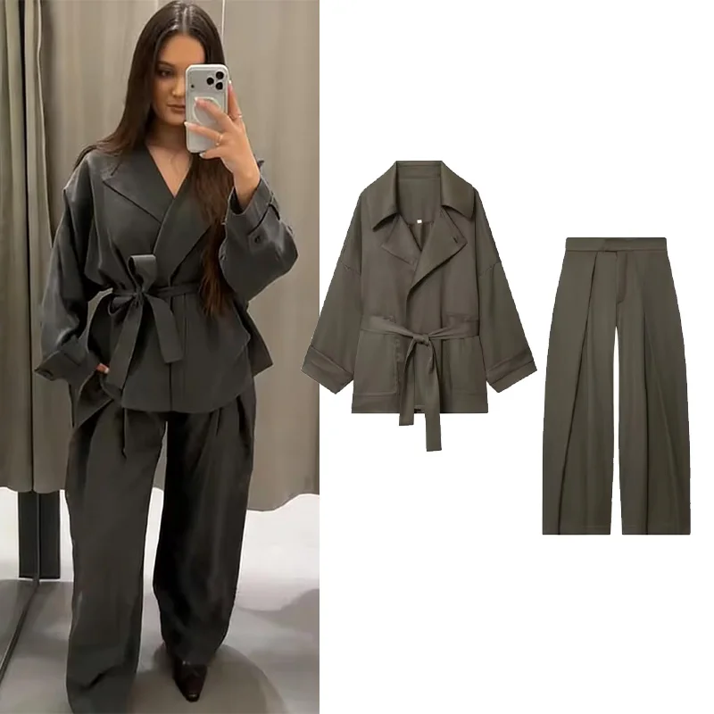 Vrouwen Mid Taille Broek Set Tweedelige Casual Vloeiende Gordel Jas Voorplooi Broek 2-delige Set Dames Outfit - afbeelding 2
