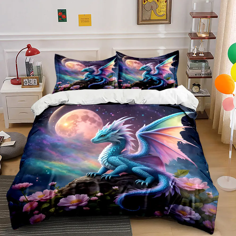 Blue dragon under moonlight Print Bedding Set 1 Duvet Cover 2 Pillowcases for Adult and Children Luxury Gift Full Size