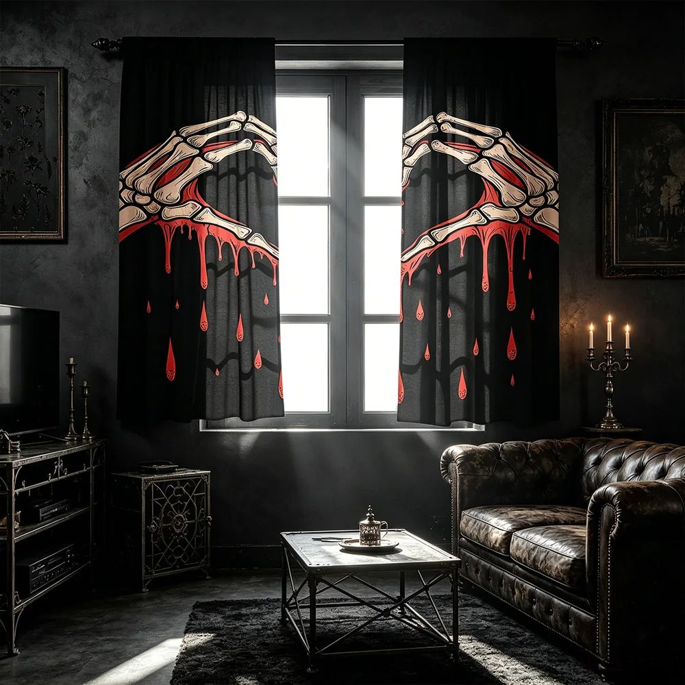 2PCS Skeleton Hand Print Black Curtains, Gothic Halloween Window Drapes for Bedroom Living Room Home Decor