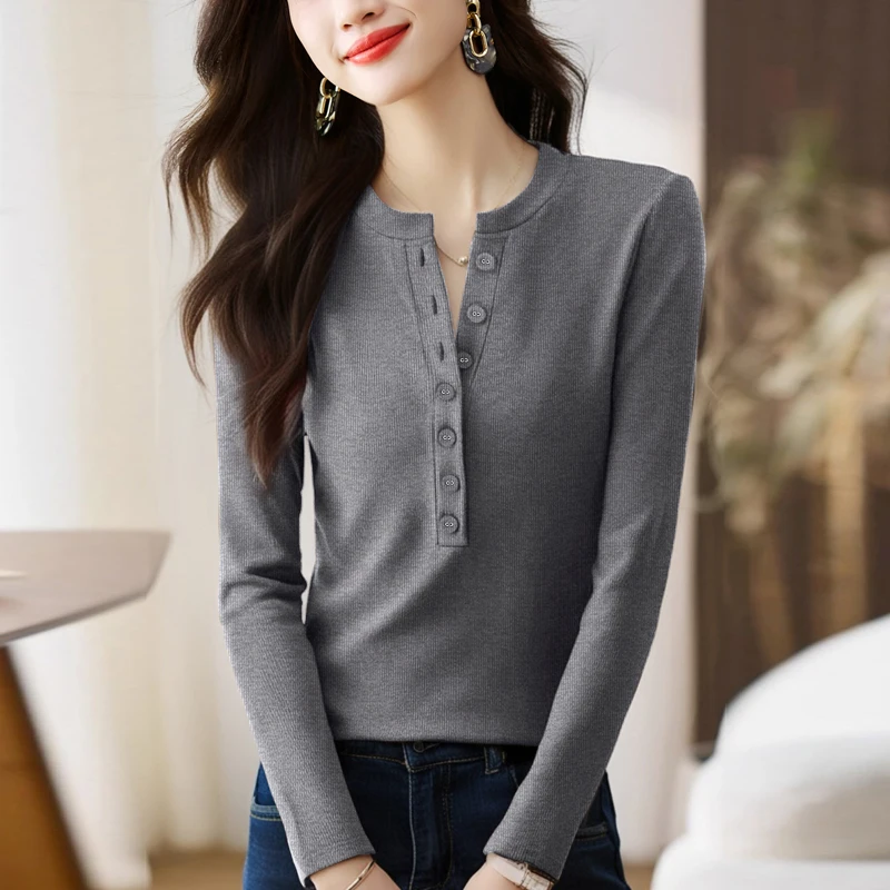 

New 2025 Autumn Long Sleeved Solid Color Women's T-Shirts Fashion Casual V-Neck Knitted Tops Korean Style Lady Tees