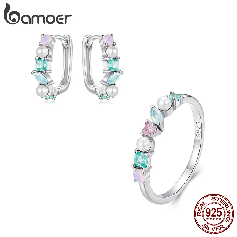 Bamoer 925 Sterling Silver Original Colorful Ring Hoop Earrings White Gold Colors For Women Party Anniversary Fine Jewelry Set