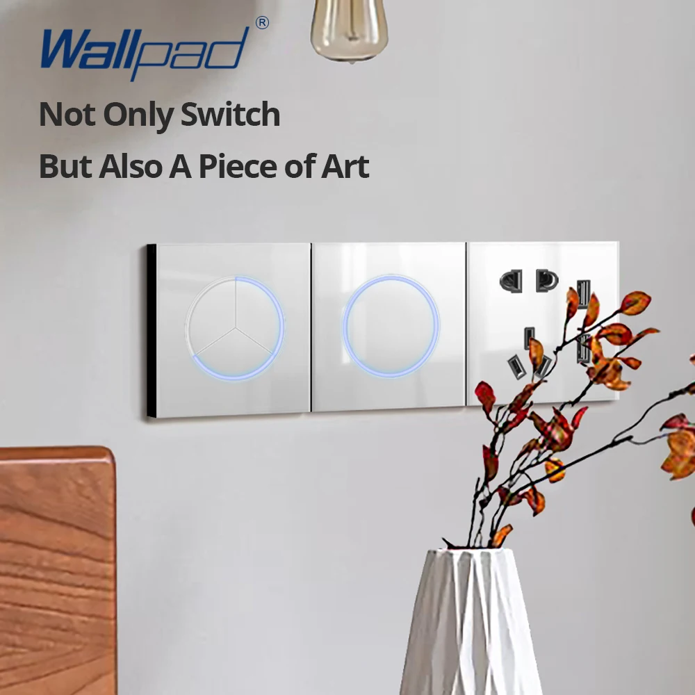 Wallpad White Glass Panel With Large Circle LED Indicator Wall Light Switch and Socket Set Round Button Electric Outlet