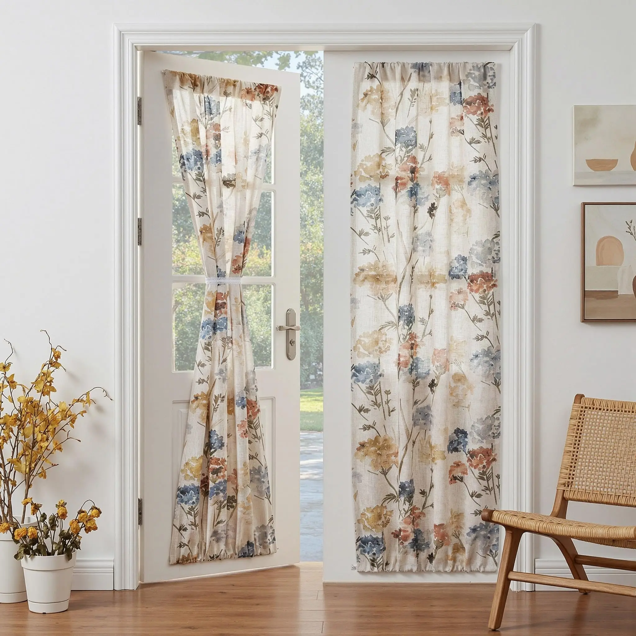Yellow Floral Linen French Door Curtains, Light Filtering Semi Sheer Privacy Panels With Rod Pocket, 2 Pack