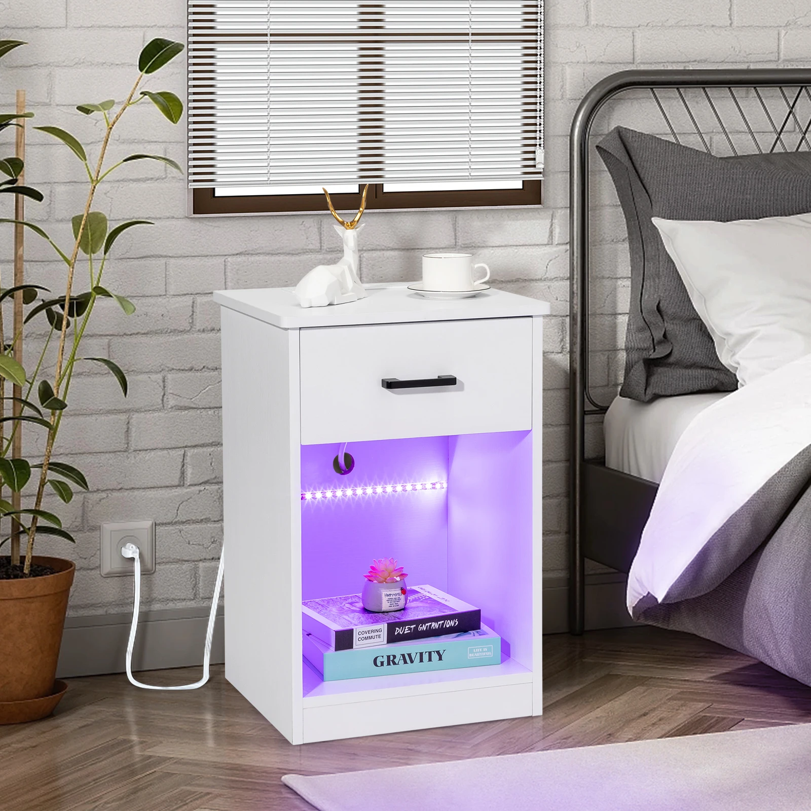 

Modern Bedroom Nightstand FCH 40*35*60cm Particleboard Pasted Triamine Single Drawer With Socket With LED Light Bedside Table