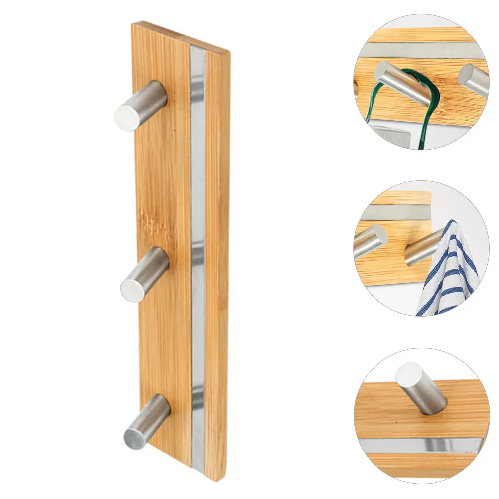 3-Pack Bamboo & Stainless Steel Wall Hooks – Multipurpose Adhesive Rail Rack for Bathroom, Kitchen, Hallway