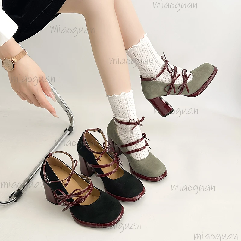 

New Spring Thick Heel Women Mary Jane Shoes Butterfly-knot Buckle Strap 8CM Heeled Pumps Ladies Elegant Party Dress Footwears