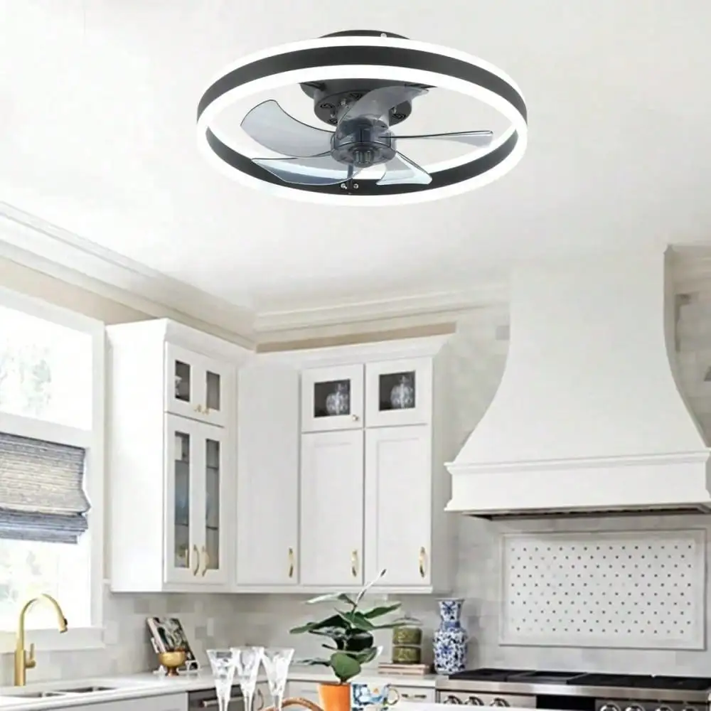 Sleek Black Low Profile Flush Mount Ceiling Fan with Light, Dimmable LED, Remote Control, Memory Function, Modern Fandelier for Living Room Bedroom Kitchen
