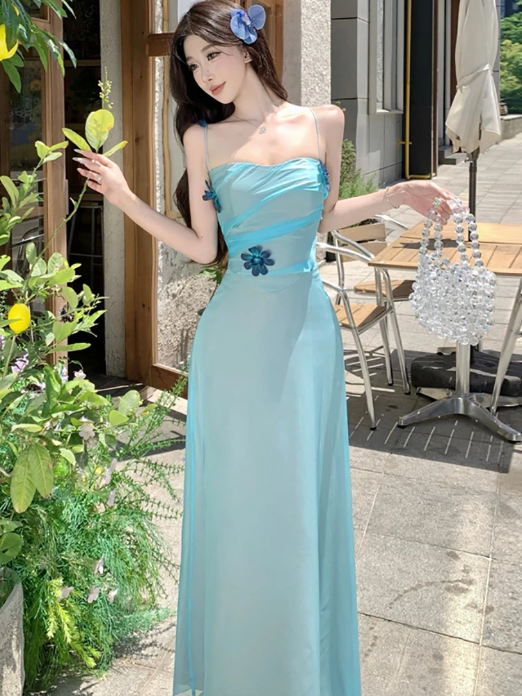 2025 novo azul apliques chique estilingue sexy vestido longo verão elegante bodycon vestido de férias feminino kroean vintage festa vestido de noite