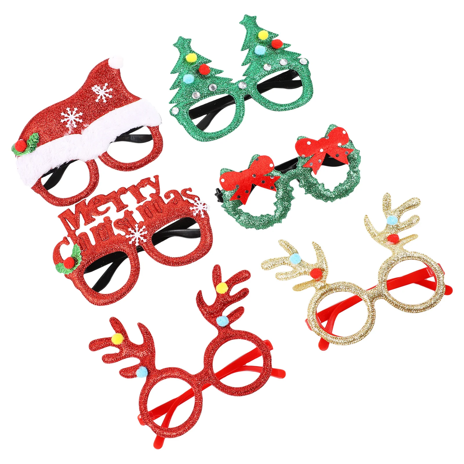 6Pcs Christmas Glasses Set Shiny Plastic Frame Assorted Colors Merry Christmas Reindeer Tree Santa Hat Design Party Accessory