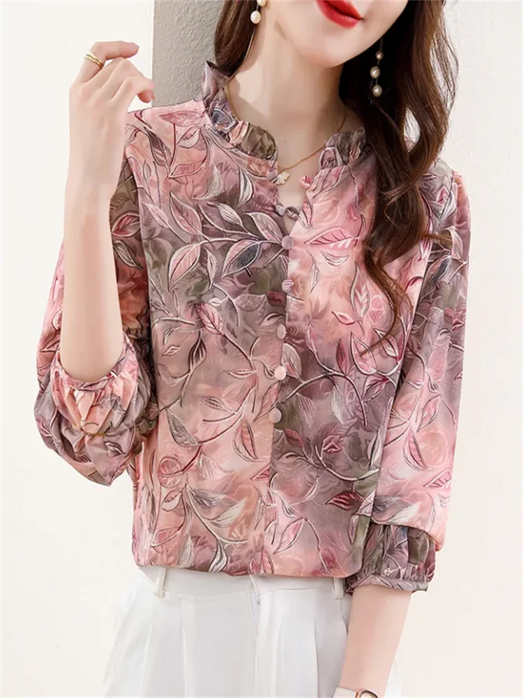 Fungus Collar Blouses Women's Printing Shirt Ruffled Shirt Pullover Top O-neck Woman Clothes Shirt Temperament Aging Blous Top