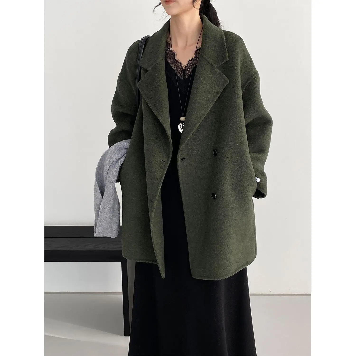 

SuperAen Korean-style Vintage Green Turn-down Collar Woolen Coat for Women's Office Lady Mid-length Oversize Coats