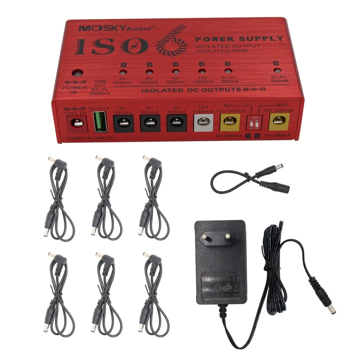 

Mosky ISO-6 Guitar Effect Pedal Power Supply 6 Isolated DC Outputs/5V USB Output for 9V 12V 18V Guitar Pedal