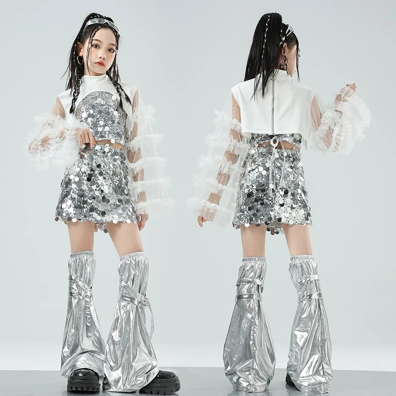 Jazz Dance Performance Costume Girls Silver Sequin Kpop Stgae Outfit Kids Fashion Clothes Streetwear Glitter Tops Skirt VDL2072