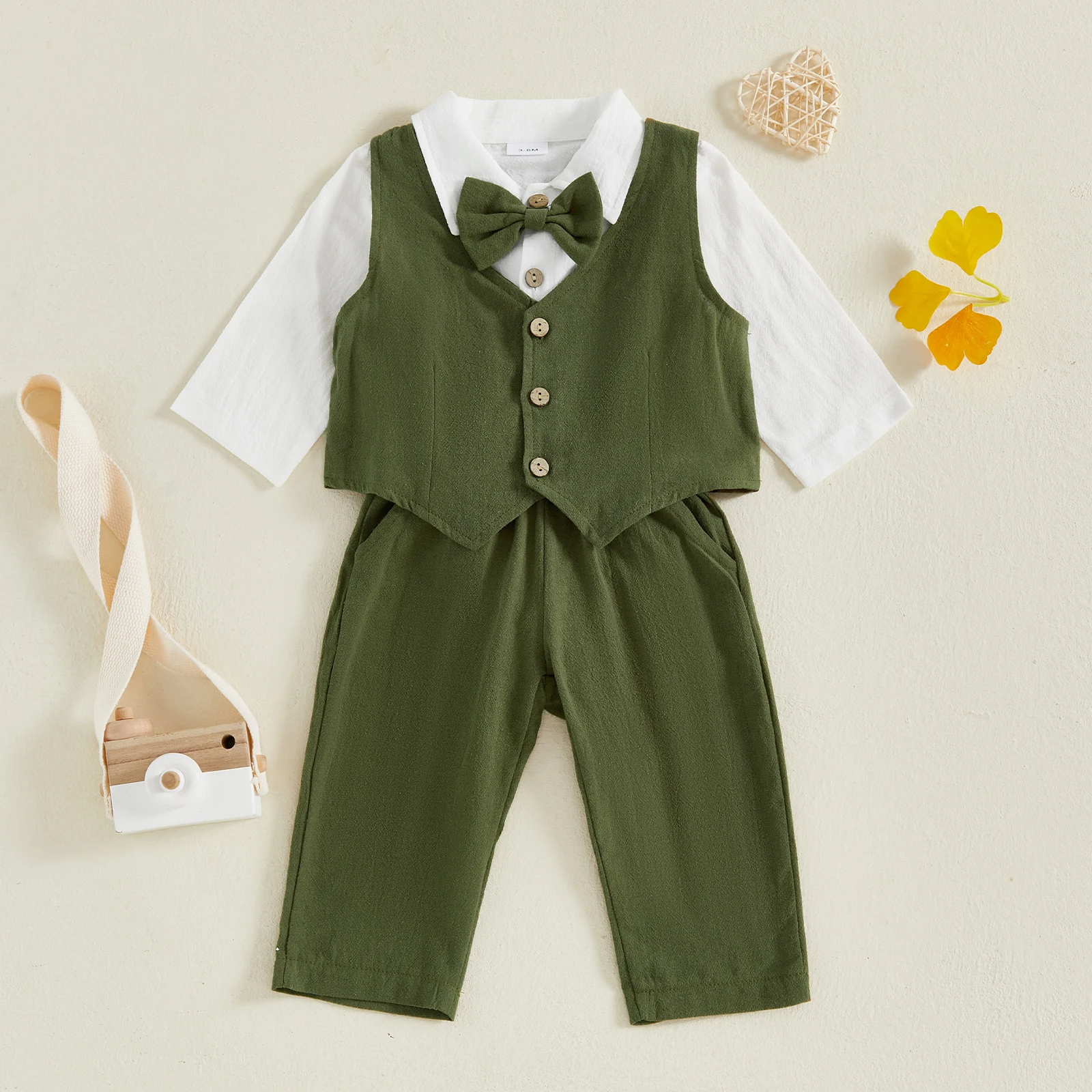 Baby Boys Gentleman 3Pcs Sets Long Sleeve Lapel Button Romper Waistcoat Suspender Pants Sets Spring Autumn Boys Set 0-18M