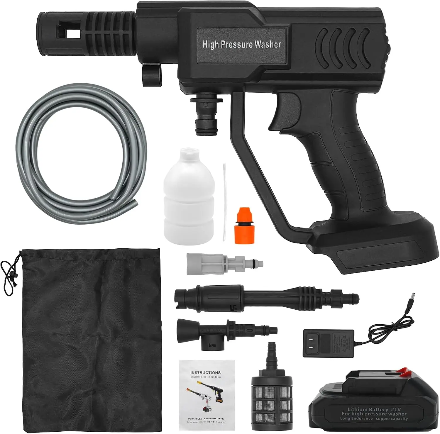 غسالة ضغط لاسلكية، تعمل بالبطارية، خرطوم 5 متر، فوهة قابلة للتعديل، محمولة للسيارة/الحديقة/الأرضية، بطارية 1 × 1.5 أمبير في الساعة