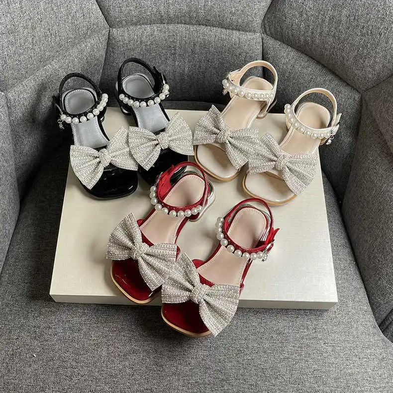 Girls Summer Fashion Sandals 2024 New Fashion Cute with Pearls Big Bownot Princess Shoes Trendy Square Heel All-match Sandals