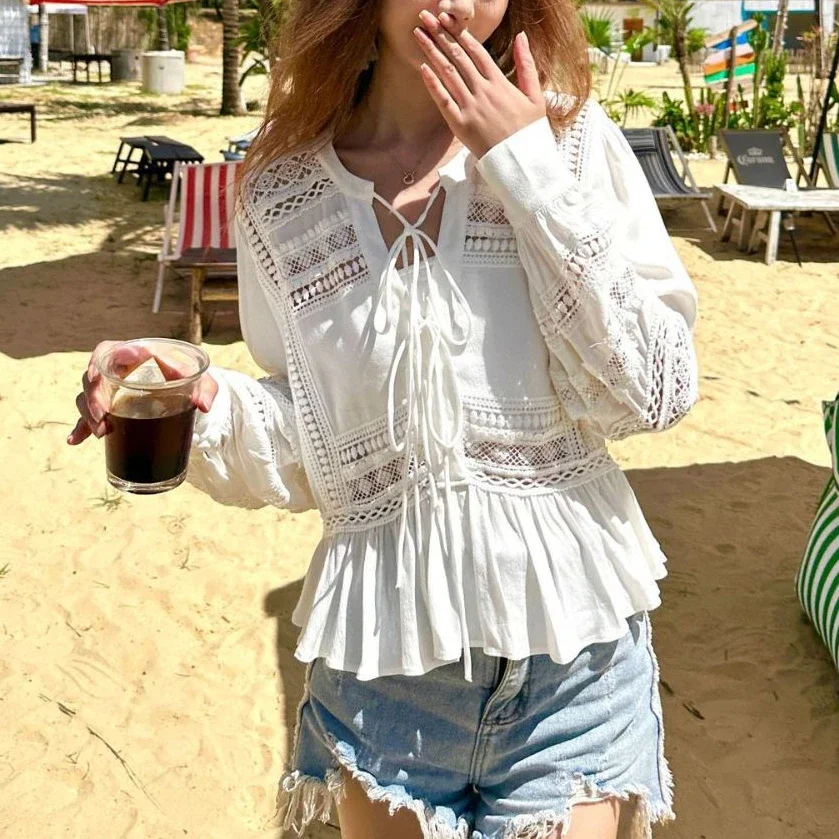 

TEELYNN Boho Hollow Out Lace Blouses Shirts Women Top Jacket Ethnic Casual Long Sleeve Shirt Beach Wear Loose Ruffles Blusas