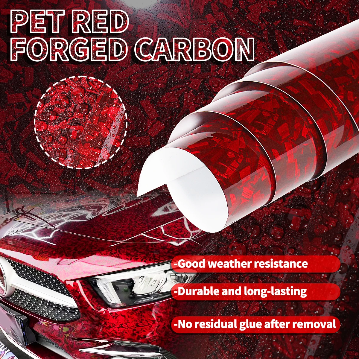 

High Gloss Forged Carbon Red Car Color Changing Film Self-Adhesive Waterproof Car Surface Decoration Suitable for Car Motorcycle