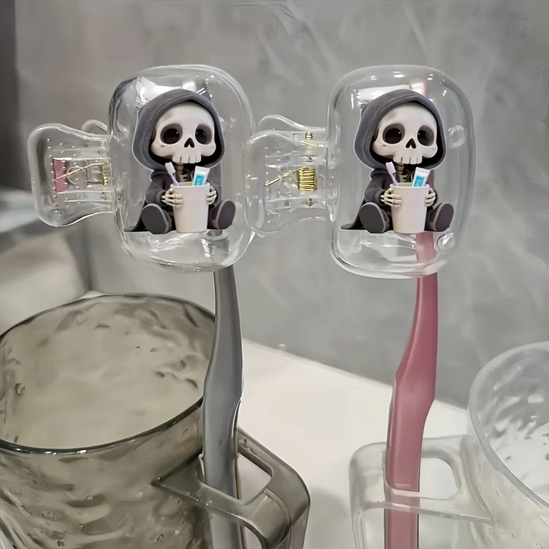 2pcs Q-Version Skeleton Grim Reaper in Black Robe Holding a Mouthwash Cup Toothbrush Holder Ideal Holiday Gift Birthday Gift