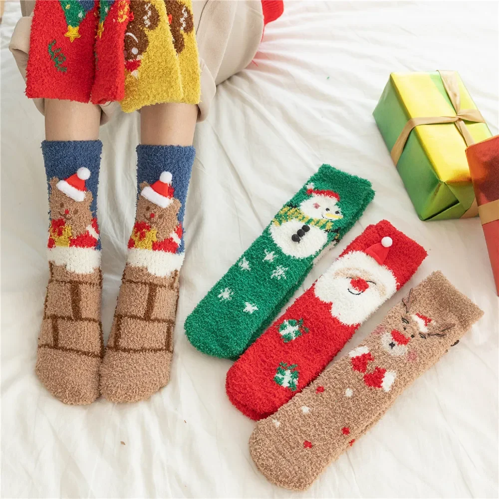 12pr No Lint Coral Fleece Christmas Stockings Wholesale Mid-Calf Winter Christmas Stockings Women's Half Velvet Socks