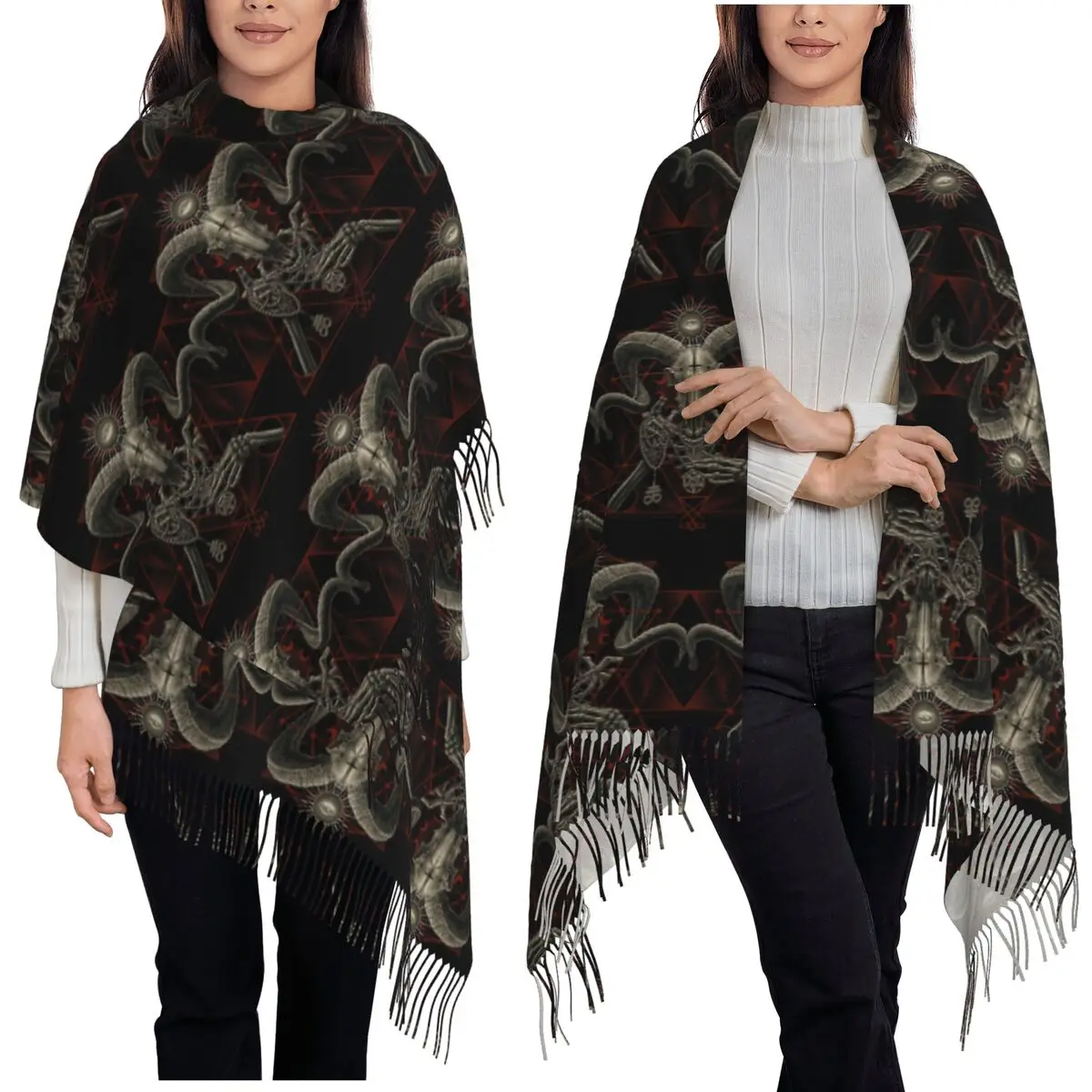 

Бафомет Коза Сатана Дьявол Готический Шарф Шарфы с кисточками для женщин Мягкие теплые шали и накидки Длинная осенне-зимняя шаль