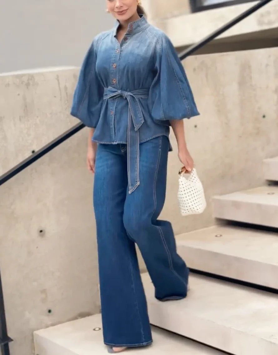 Chemisier à taille nouée pour femmes, ample, dégradé boutonné, manches bouffantes, col montant, dessus de chemise, vêtements, nouvelle collection printemps été 2026