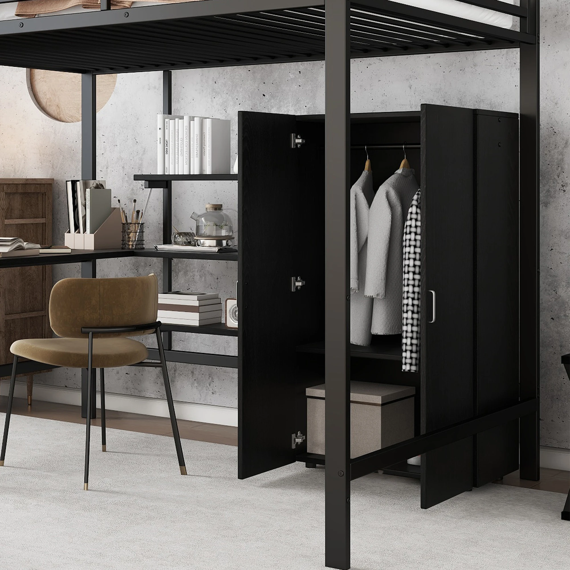 PINGGO Eisen-Hochbett mit Schreibtisch, Doppelstauraum, Kleiderschrank, Eisen-MDF, Schwarz, 140x200cm, ohne Matratze – Detail 2