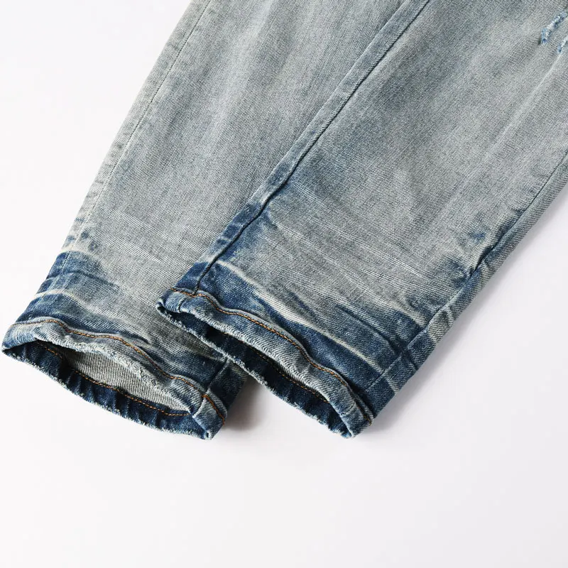 Street Designer Fashion Men Jeans Retro Blue Stretch Skinny Fit Ripped Jeans Men Bandanna Patched Y2K Hip Hop Brand Denim Pants