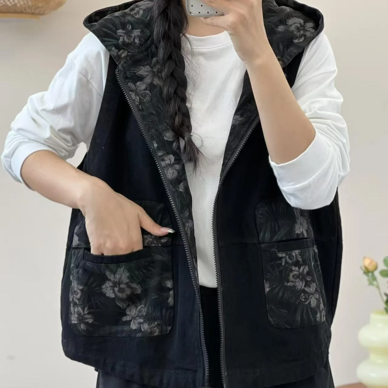 

Women's Casual Loose Denim Vest Spring Autumn Vintage Ethnic Print ort Open Cardigan Top Hooded Cotton Floral Pattern